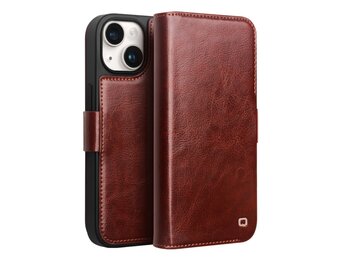 Qialino - iPhone 15 - Leren bookcase hoes - Bruin