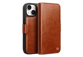 Qialino - iPhone 15 - Leren bookcase hoes - Cognac