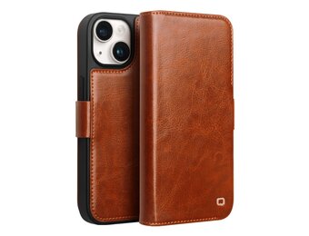Qialino - iPhone 15 - Leren bookcase hoes - Cognac