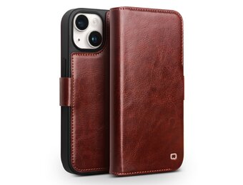 Qialino - iPhone 15 Plus - Leren bookcase hoes - Bruin