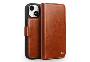 Qialino - iPhone 15 Plus - Leren bookcase hoes - Cognac
