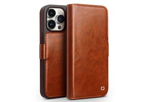 Qialino - iPhone 15 Pro Max - Leren bookcase hoes - Cognac