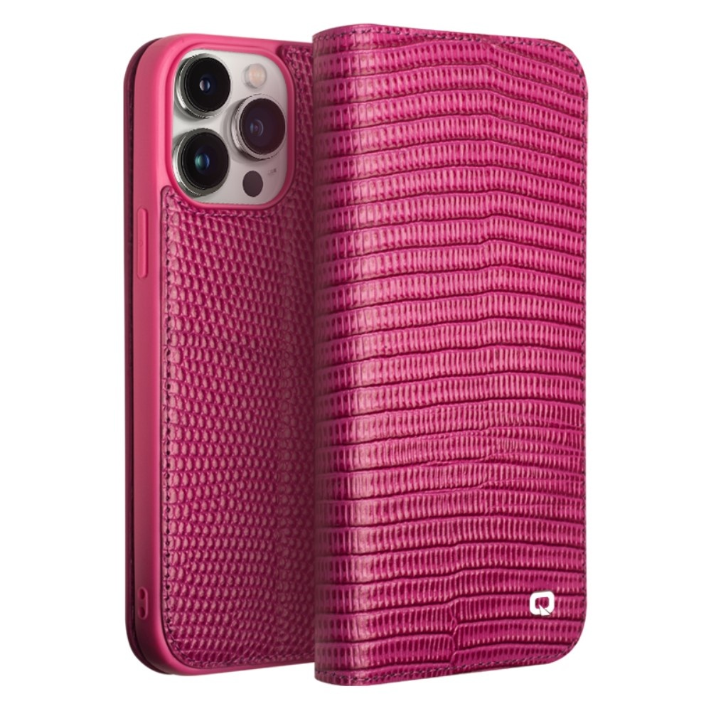 Qialino - iPhone 15 Pro Max - Leren bookcase hoes - Croco Roze