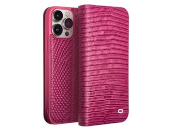 Qialino - iPhone 15 Pro - Leren bookcase hoes - Croco Roze
