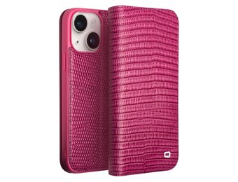 Qialino - iPhone 15 Plus - Leren bookcase hoes - Croco Roze