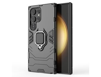 Lunso - Samsung Galaxy S24 Ultra - Armor backcover hoes met ringhouder - Zwart