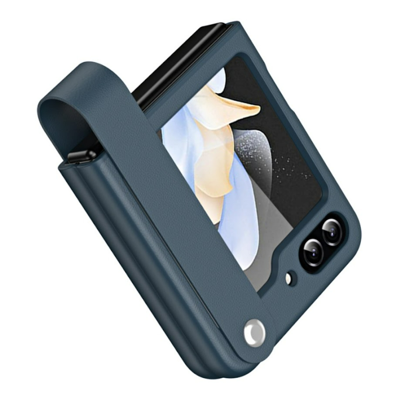 Samsung Galaxy Z Flip 7 FE / Z Flip6 Leren hoes met band strap case - Donkerblauw