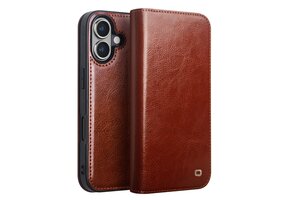 Qialino iPhone 16 Plus hoesje - Leren bookcase - Bruin
