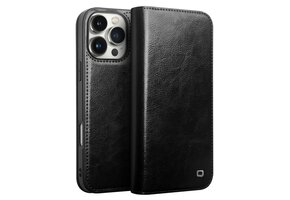 Qialino iPhone 16 Pro  hoesje - Leren bookcase - Zwart