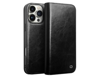 Qialino iPhone 16 Pro  hoesje - Leren bookcase - Zwart