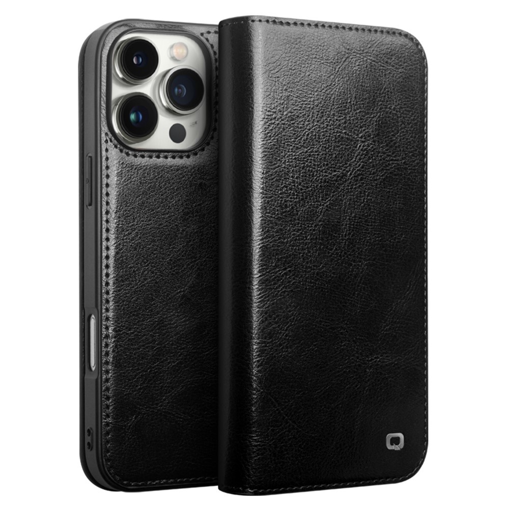 Qialino iPhone 16 Pro hoesje - Leren bookcase - Zwart