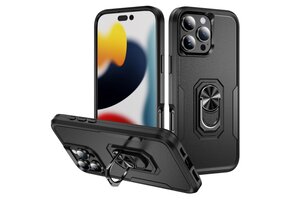 Lunso iPhone 16 Pro Max hoesje - Armor backcover met ringhouder - Zwart