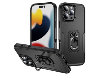 Lunso iPhone 16 Pro  hoesje - Armor backcover met ringhouder - Zwart
