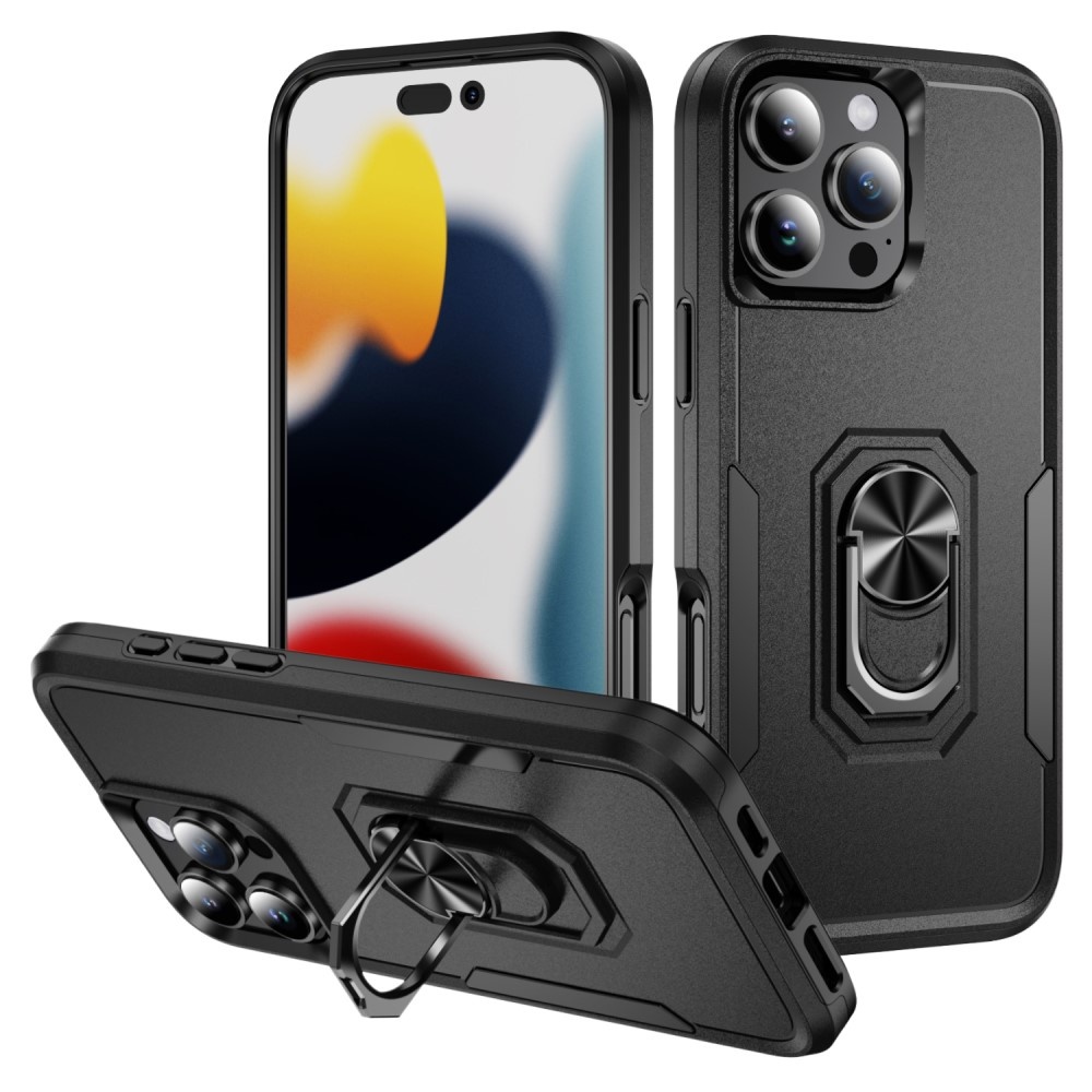 Lunso iPhone 16 Pro hoesje - Armor backcover met ringhouder - Zwart