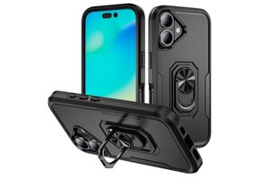 Lunso iPhone 16 Plus hoesje - Armor backcover met ringhouder - Zwart