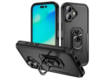 Lunso iPhone 16  hoesje - Armor backcover met ringhouder - Zwart