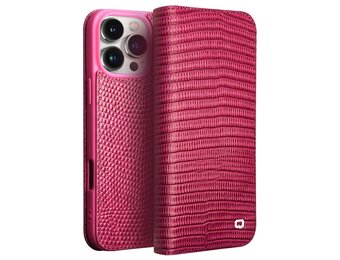 Qialino iPhone 16 Pro Max hoesje - Leren bookcase - Croco Roze