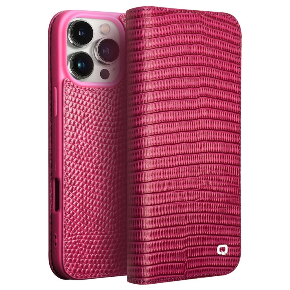 Qialino iPhone 16 Pro Max hoesje - Leren bookcase - Croco Roze