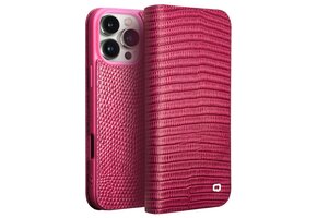 Qialino iPhone 16 Pro hoesje - Leren bookcase - Croco Roze