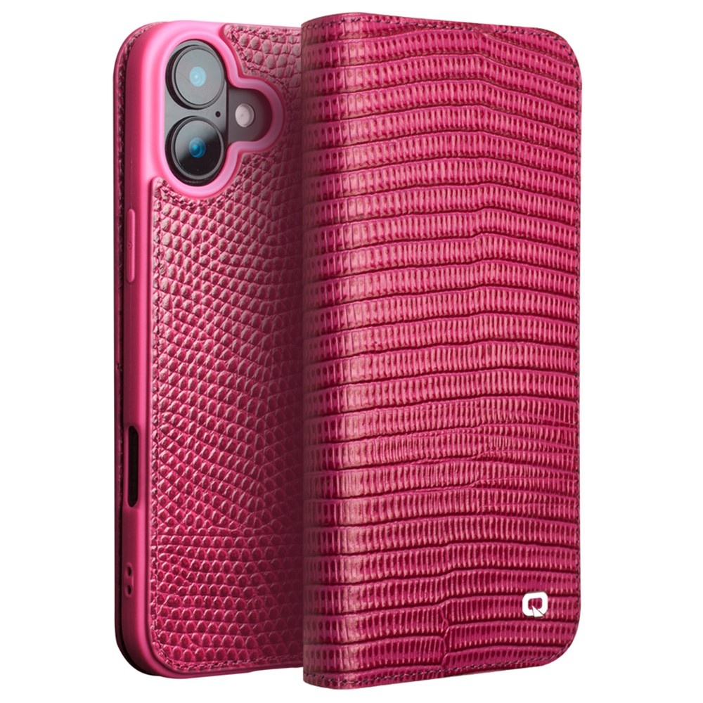 Qialino iPhone 16 Plus hoesje - Leren bookcase - Croco Roze