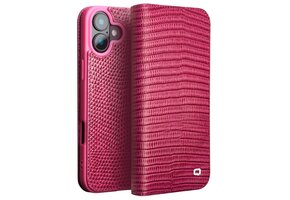 Qialino iPhone 16  hoesje - Leren bookcase - Croco Roze