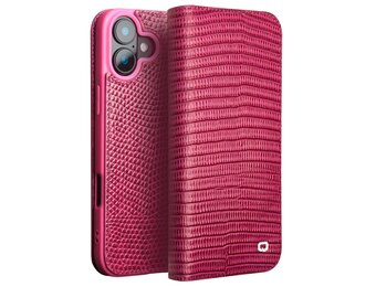Qialino iPhone 16  hoesje - Leren bookcase - Croco Roze