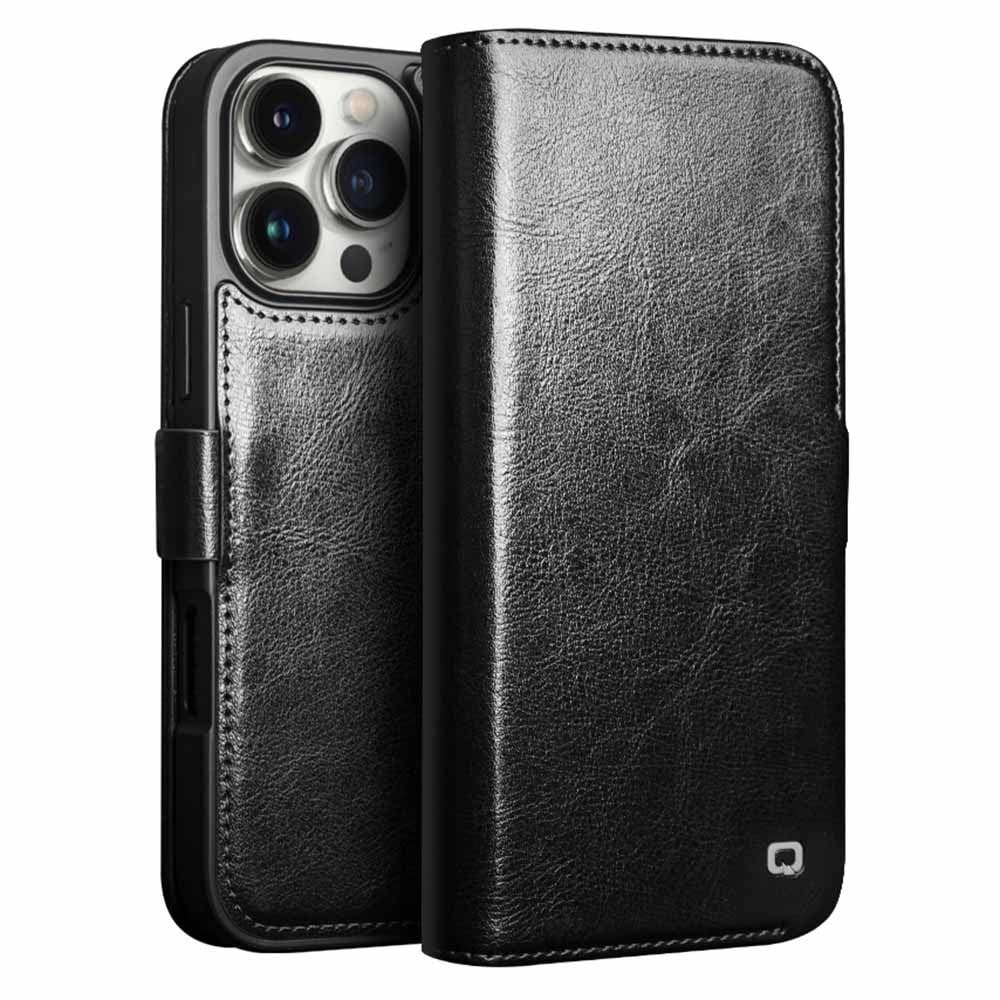 Qialino iPhone 16 Pro hoesje - Leren bookcase - Zwart