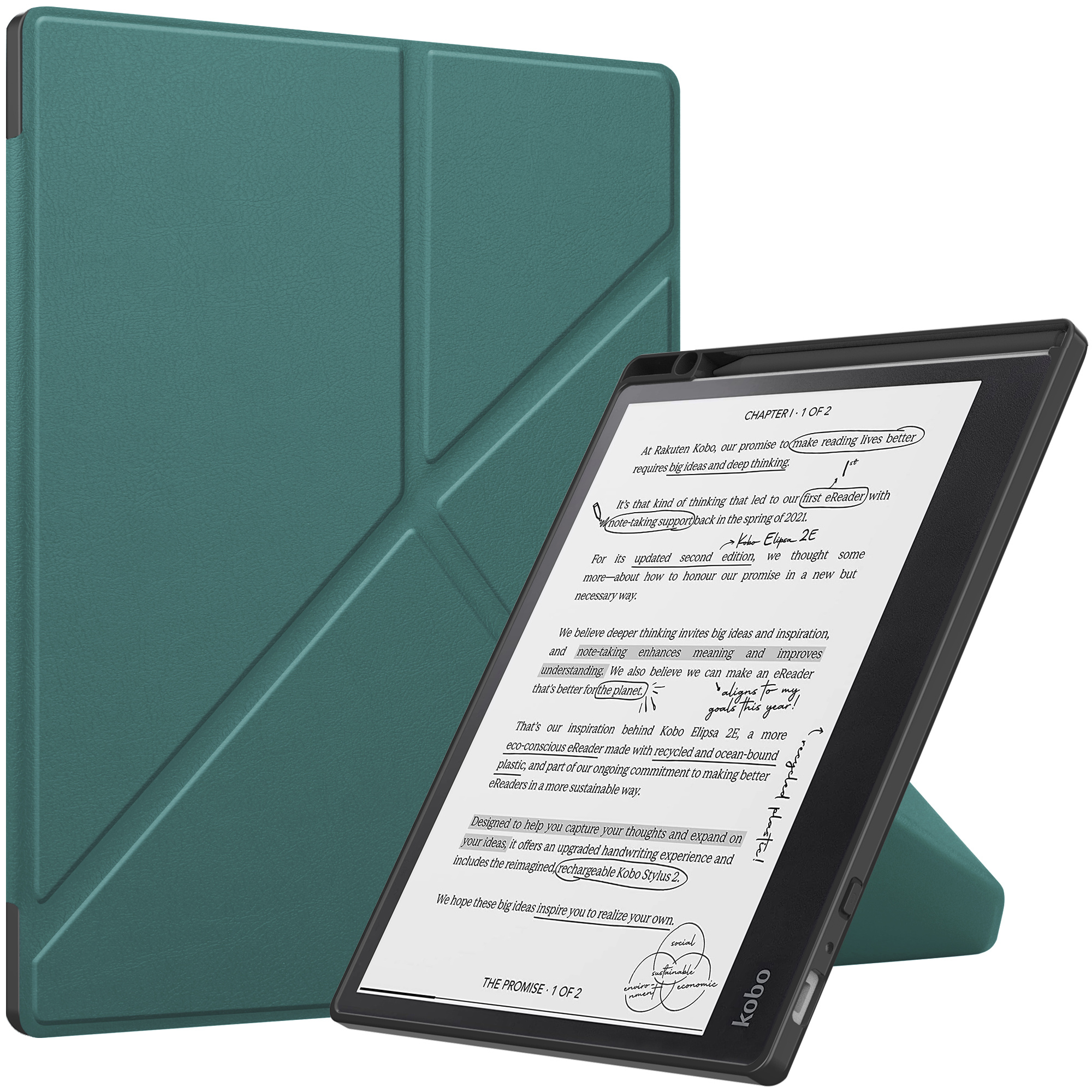 Kobo Elipsa 2E hoes (10 inch) Origami sleepcover - Donkergroen