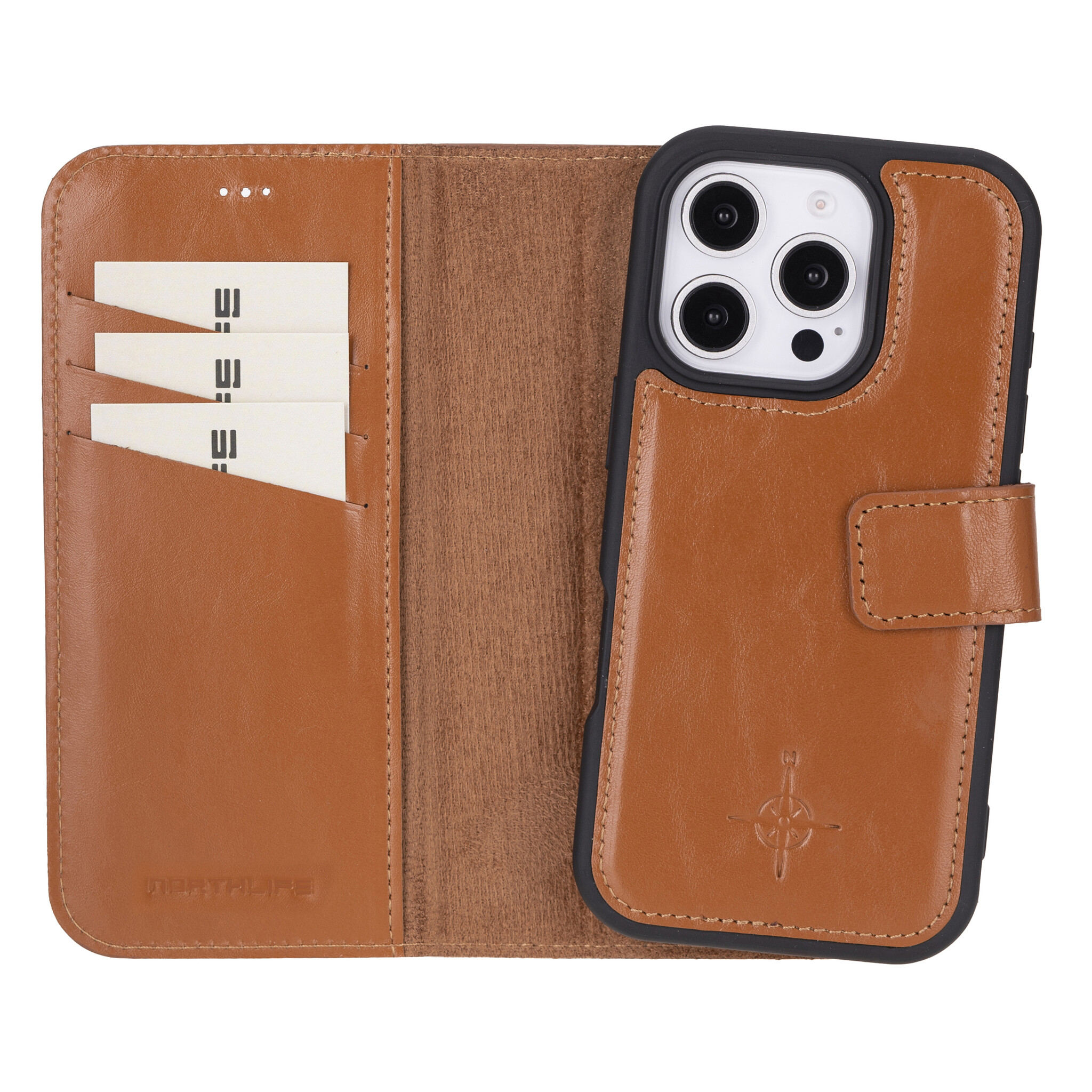 iPhone 16 Pro Max leren afneembare 2-in-1 bookcase telefoonhoes - Cognac