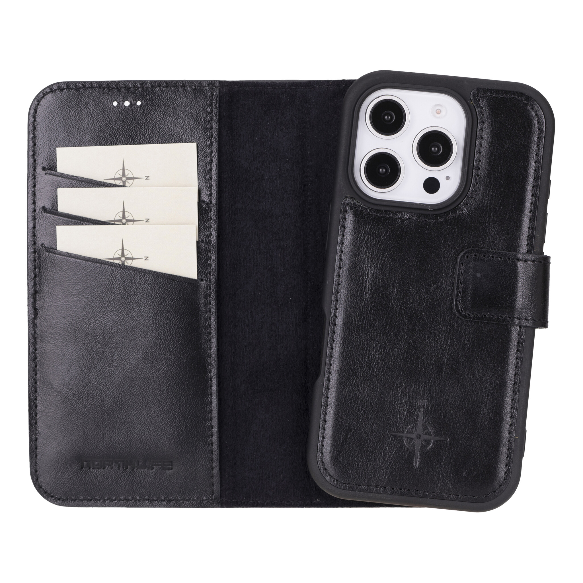 iPhone 16 Pro leren afneembare 2-in-1 bookcase telefoonhoes - Zwart