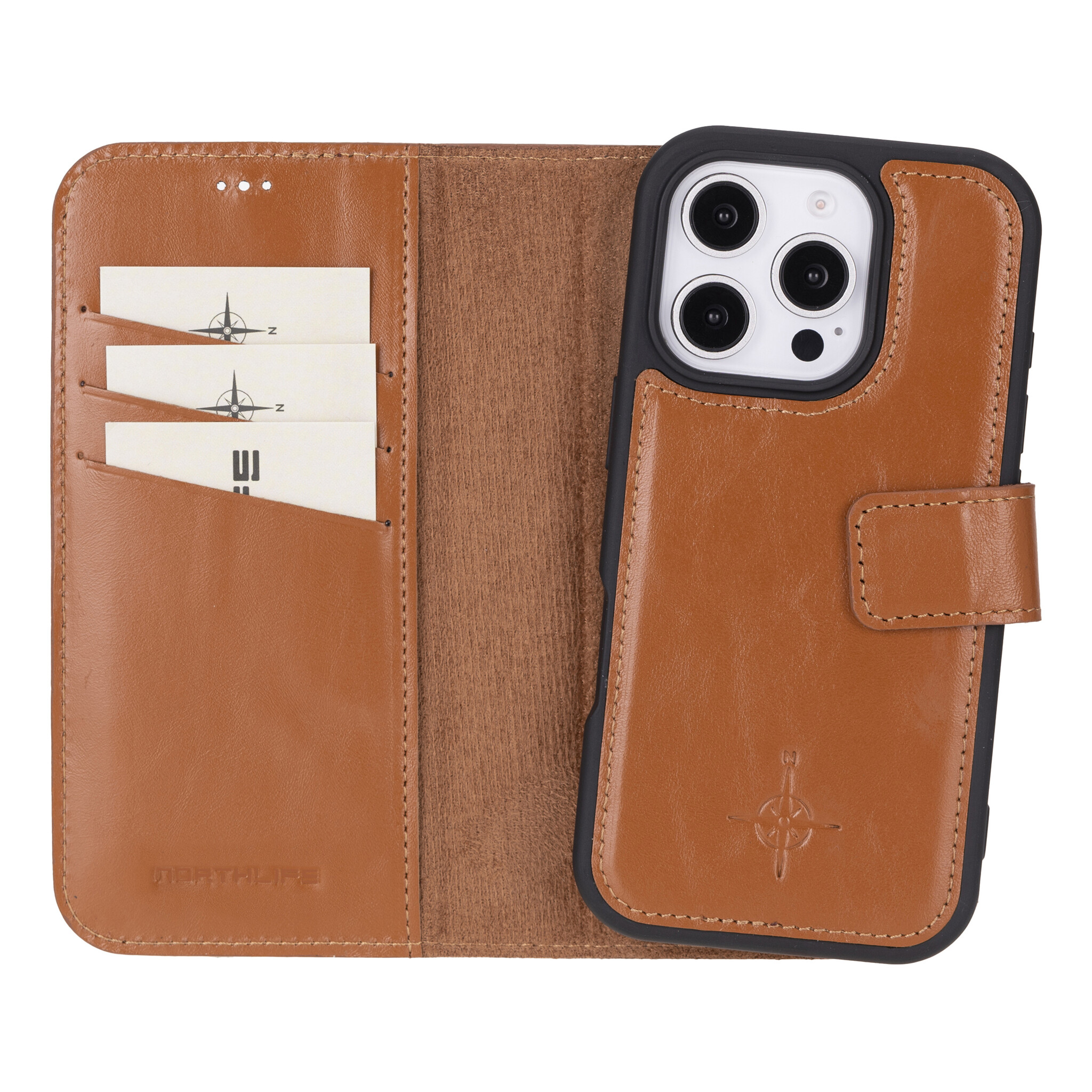 iPhone 16 Pro leren afneembare 2-in-1 bookcase telefoonhoes - Cognac