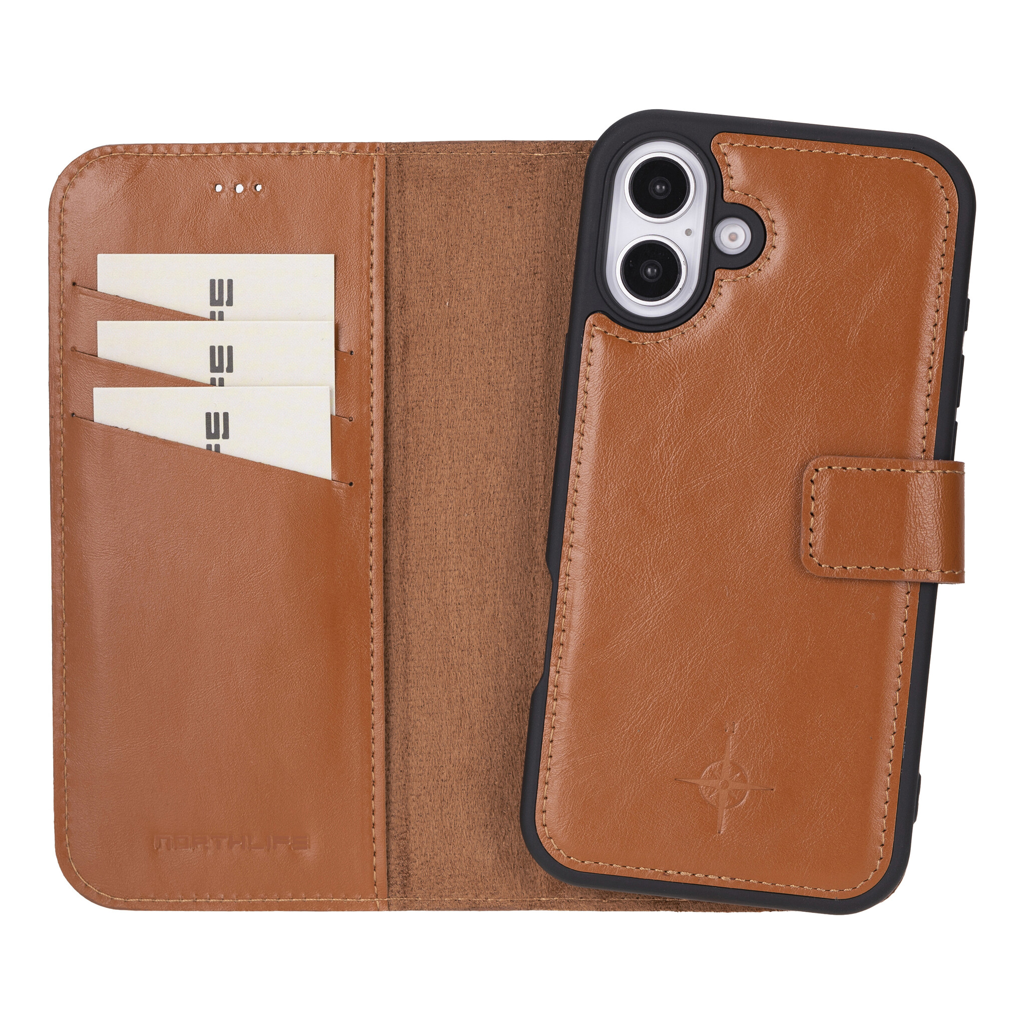 iPhone 16 Plus leren afneembare 2-in-1 bookcase telefoonhoes - Cognac