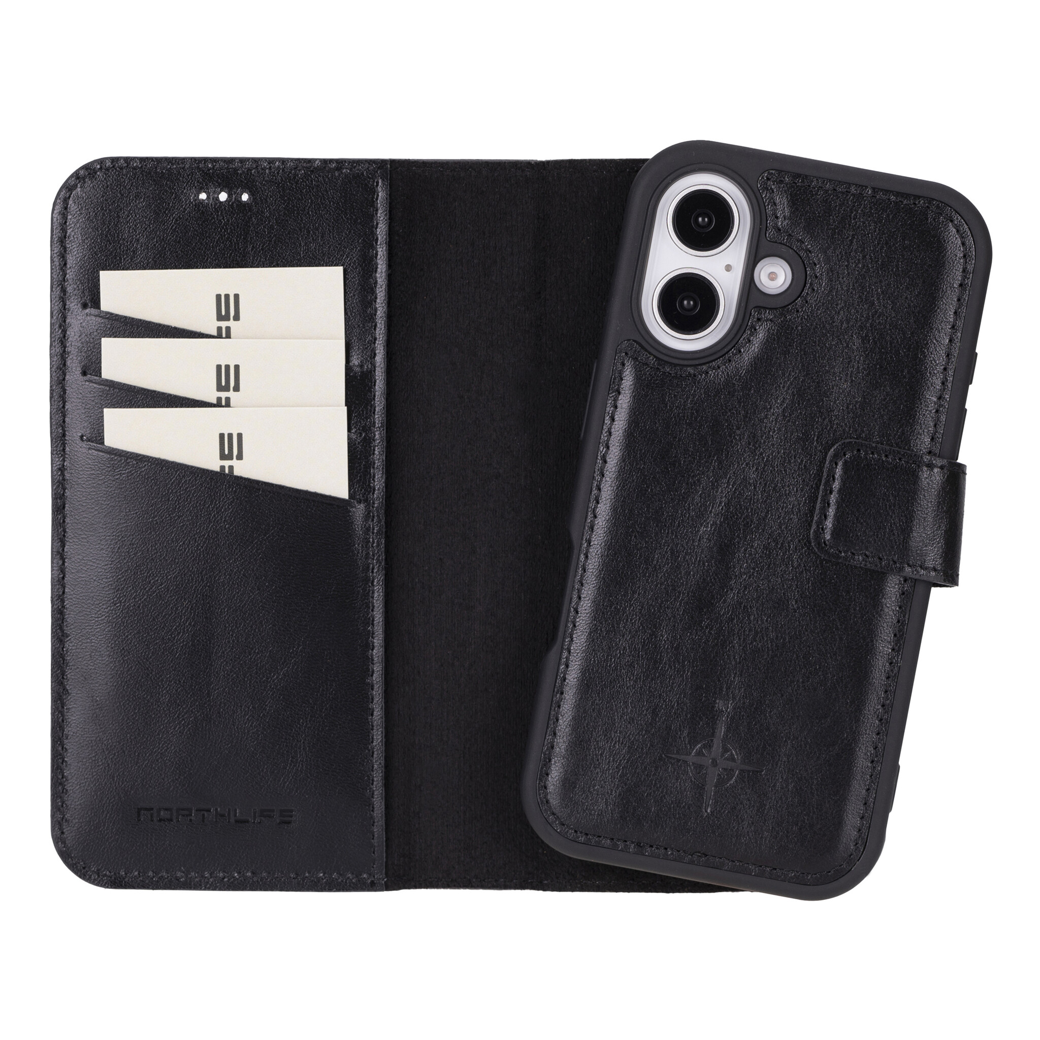 iPhone 16 leren afneembare 2-in-1 bookcase telefoonhoes - Zwart
