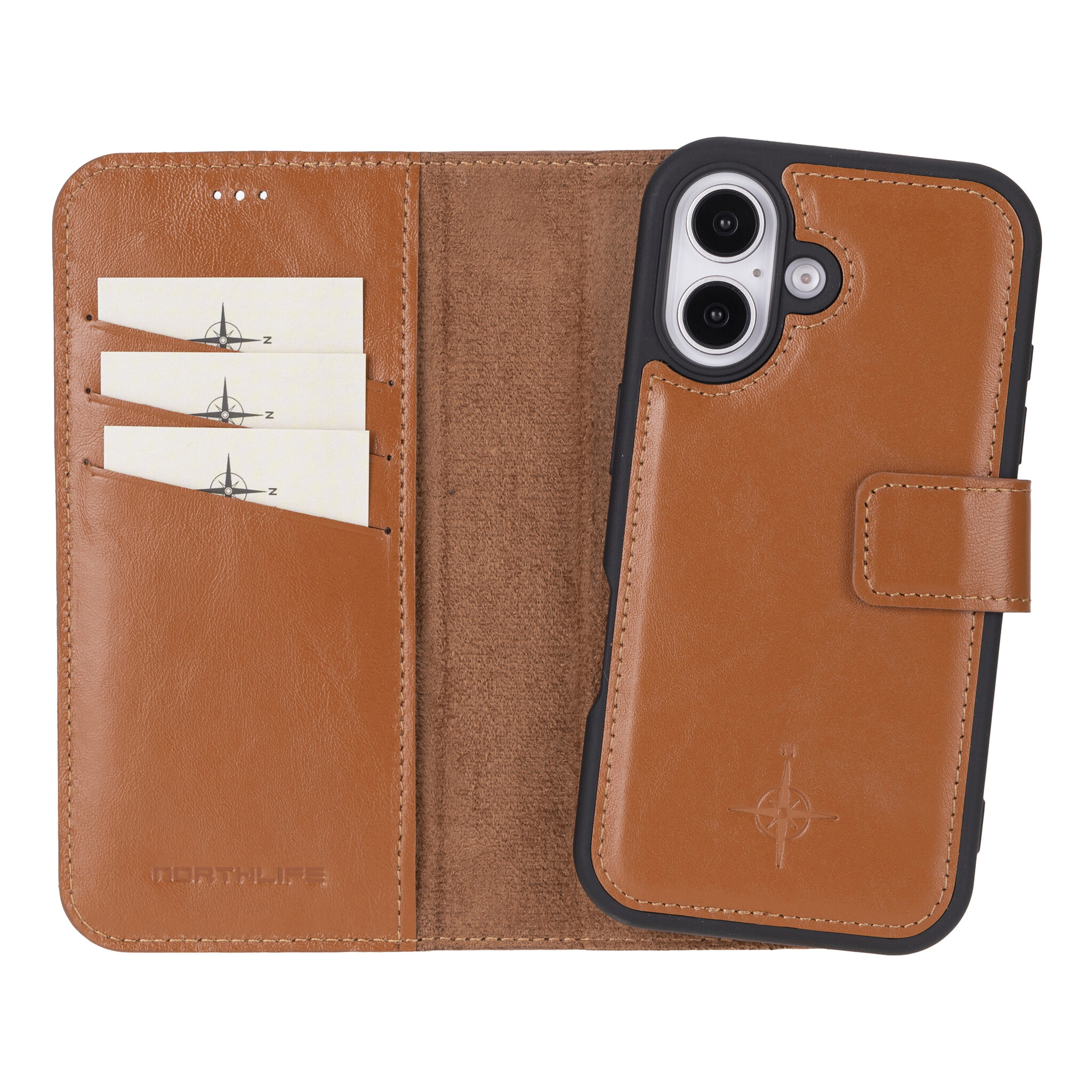 iPhone 16 leren afneembare 2-in-1 bookcase telefoonhoes - Cognac