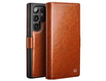 Qialino Samsung Galaxy S25 Ultra hoesje - Leren bookcase - Cognac