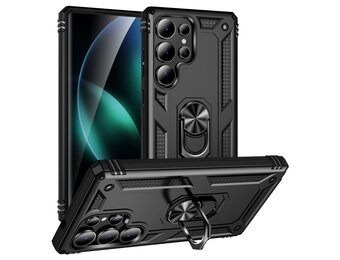 Lunso Samsung Galaxy S25 Ultra hoesje - Armor backcover met ringhouder - Zwart