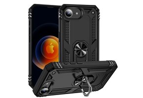 Lunso iPhone 16e hoesje - Armor backcover met ringhouder - Zwart