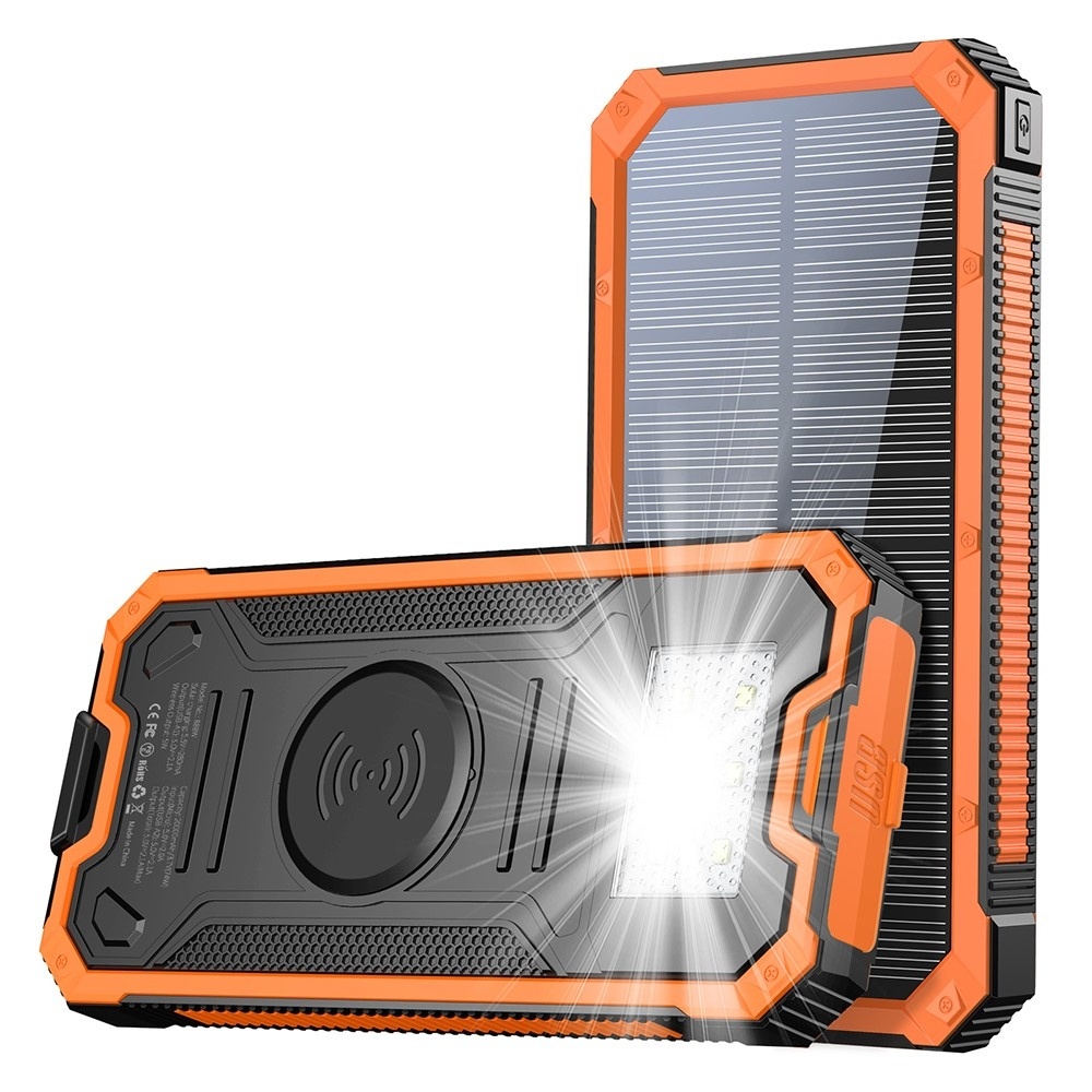 10000 mAh Zonne-energie Powerbank met draadloze oplader, LED-zaklamp & noodgebruik – waterproof & schokbestendig – ideaal voor outdoor