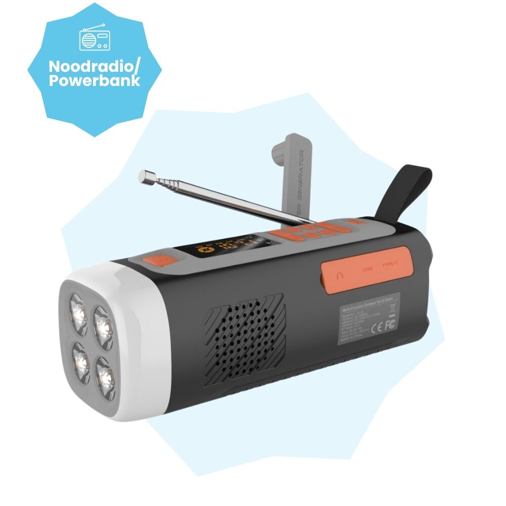 Libovgogo DF-588D Draagbare DAB FM-radio met waterdichte bluetooth- luidspreker, zwengelradio met oplaadfunctie voor mobiele telefoon, zonne-energie, 4000 mAh powerbank, zaklamp, stroboscooplicht
