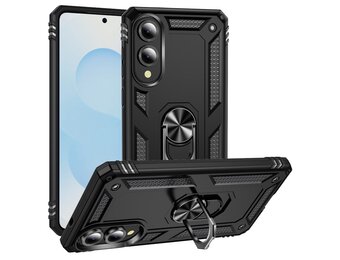 Lunso Samsung Galaxy S25 Edge hoesje - Armor backcover met ringhouder - Zwart