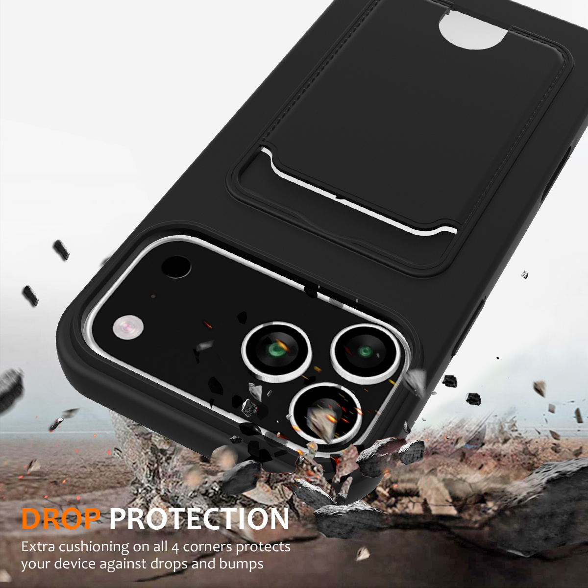 iPhone 17 Pro Telefoonhoes met koord + kaarthouder - Zwart