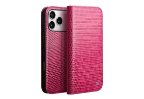 Qialino iPhone 17 Pro hoesje - Leren bookcase - Croco Roze