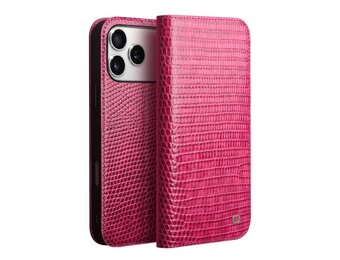 Qialino iPhone 17 Pro hoesje - Leren bookcase - Croco Roze