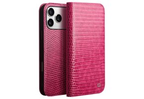 Qialino iPhone 17 Pro Max hoesje - Leren bookcase - Croco Roze