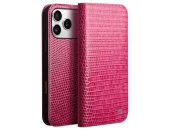Qialino iPhone 17 Pro Max hoesje - Leren bookcase - Croco Roze