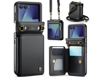 CaseMe Samsung Galaxy Z Flip 7 PU Leren Backcover hoesje met kaarthouder - Zwart