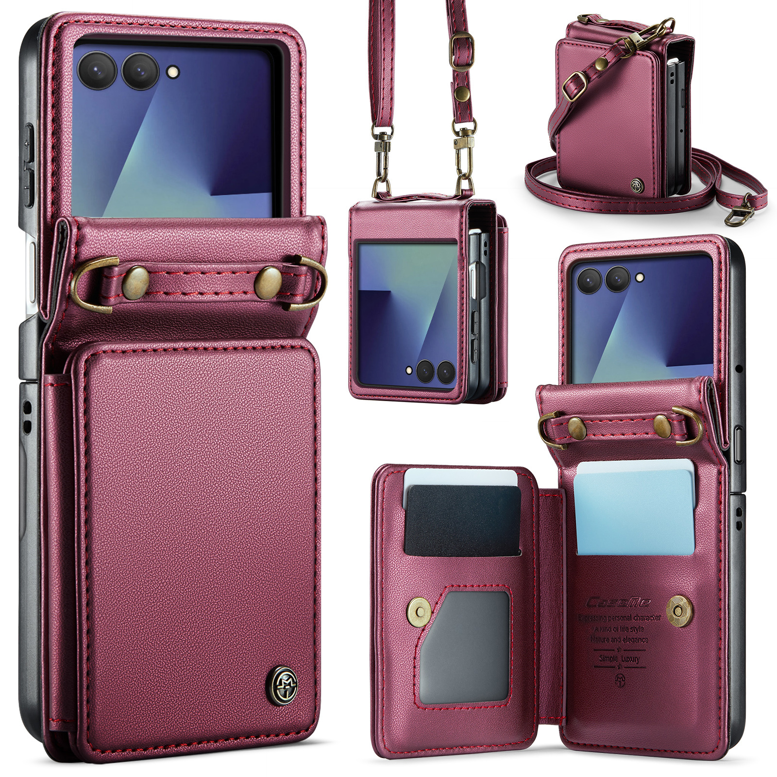 CaseMe Samsung Galaxy Z Flip 7 PU Leren Backcover hoesje met kaarthouder - Rood