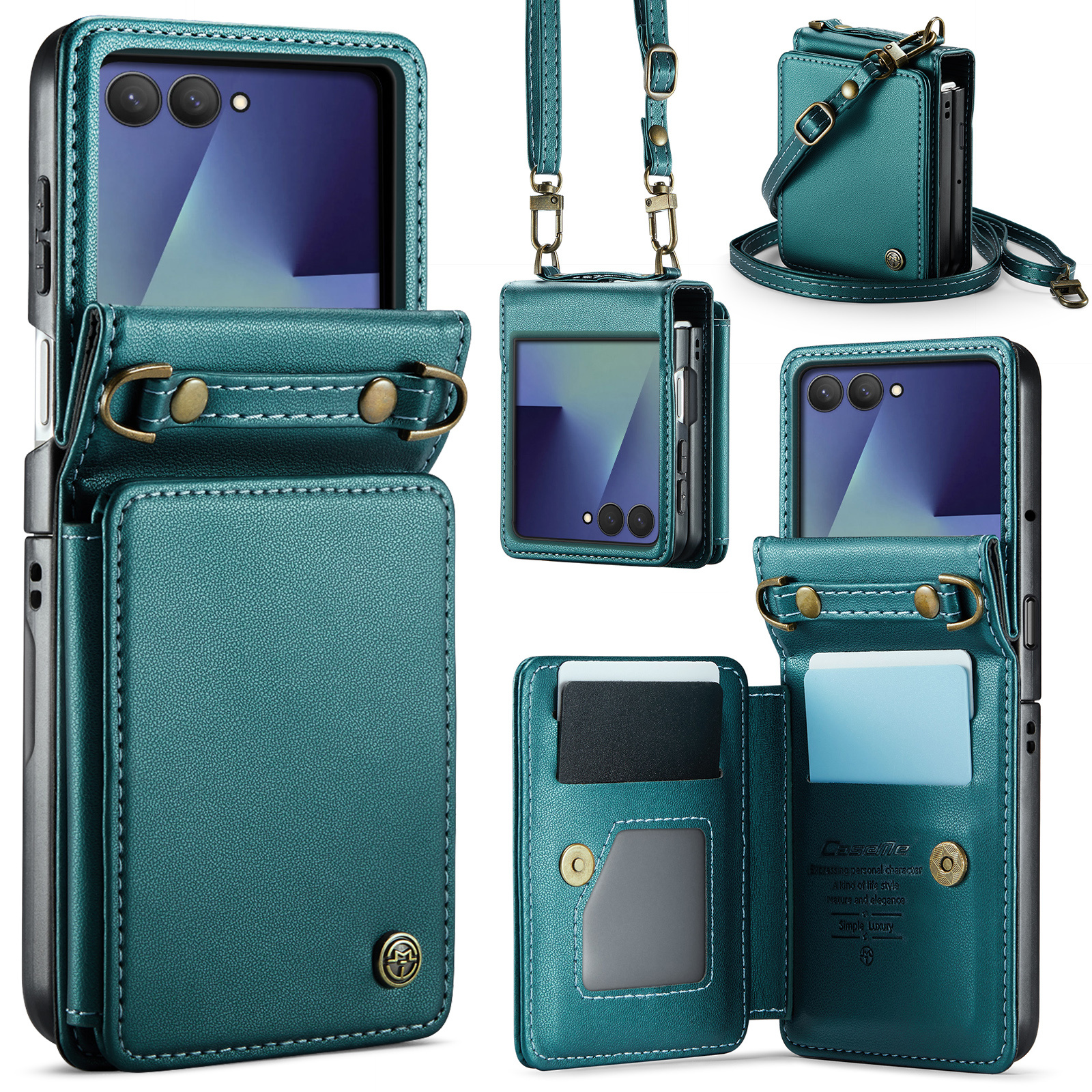 Samsung Galaxy Z Flip 7 hoesje PU leren backcover met kaardhouder - Turquoise