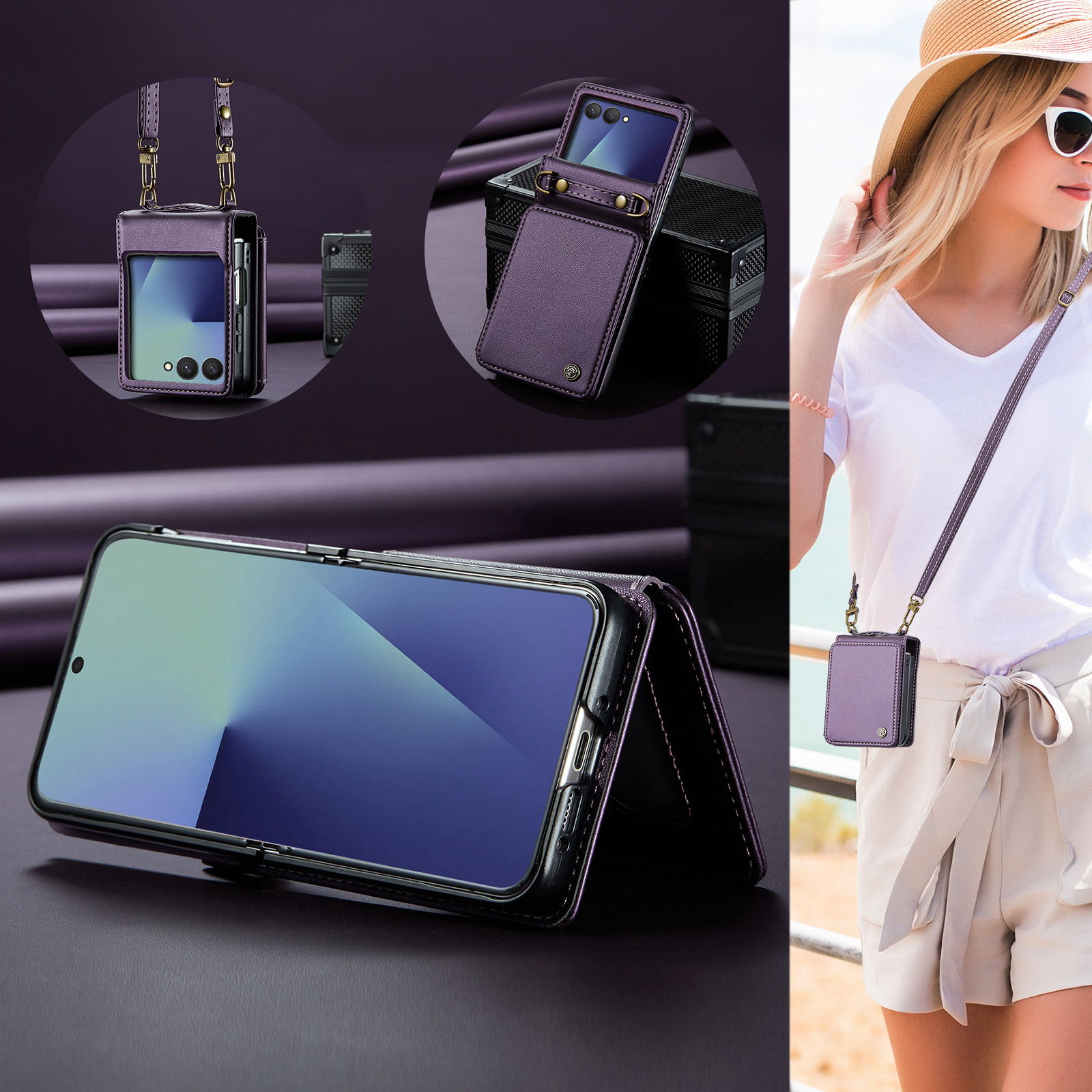Samsung Galaxy Z Flip 7 hoesje PU leren backcover met kaardhouder - Paars
