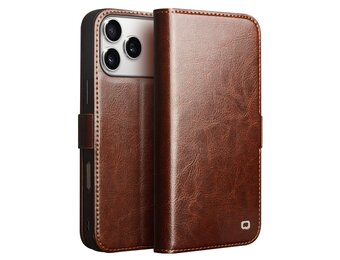 Qialino iPhone 17 Pro hoesje - Leren bookcase - Bruin